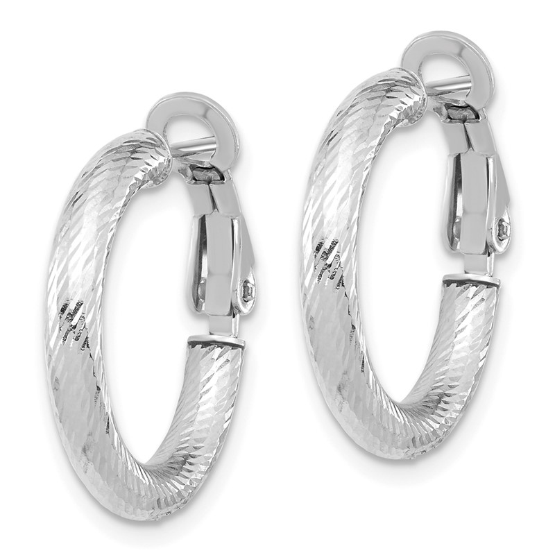 14K 3x15 w/ White Rhod Plating D/C Round Omega Back Hoop Earrings