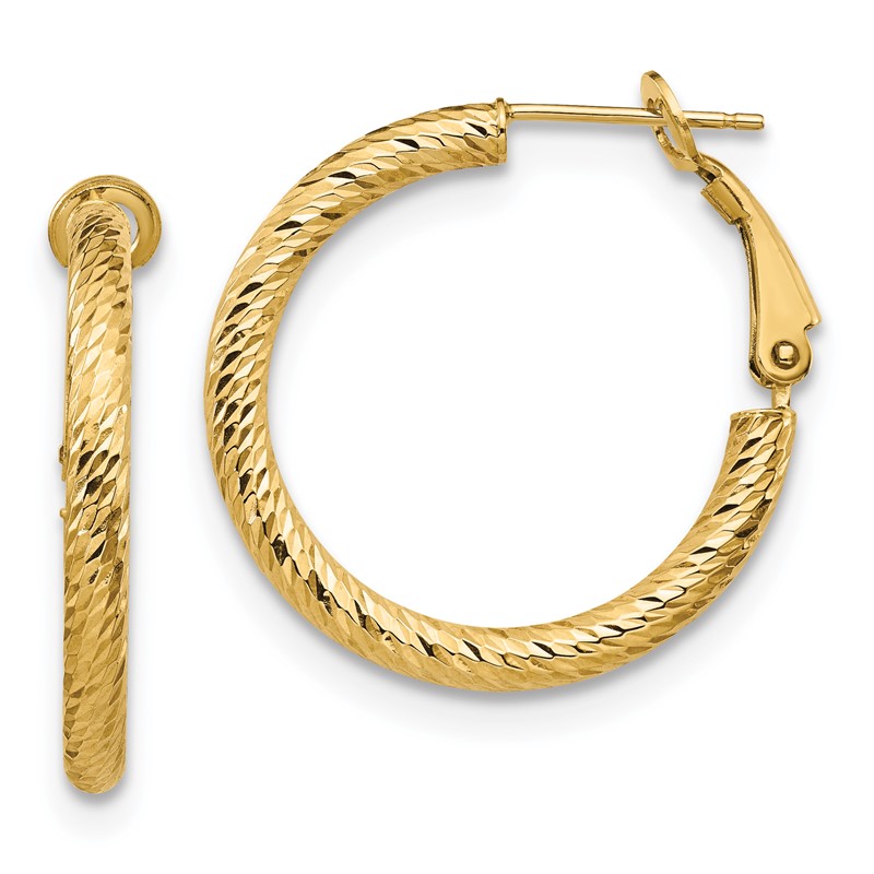 14K 3x20 D/C Round Omega Back Hoop Earrings