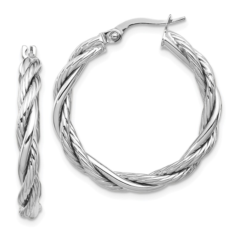 14K w/White Rhodium Polished Twisted Hoop Earrings