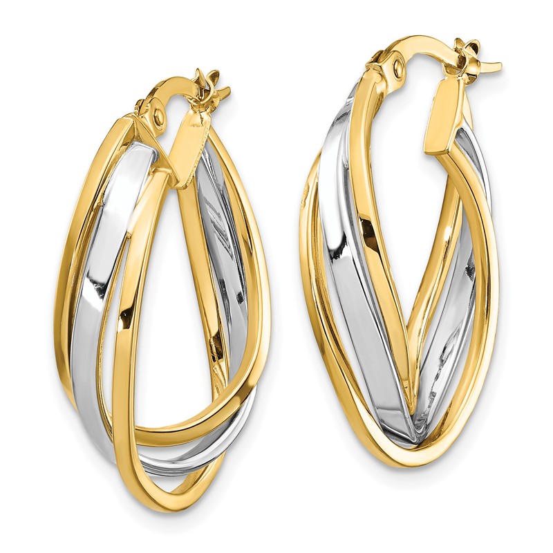 14K with Rhodium Polished Oval Hoop Earrings