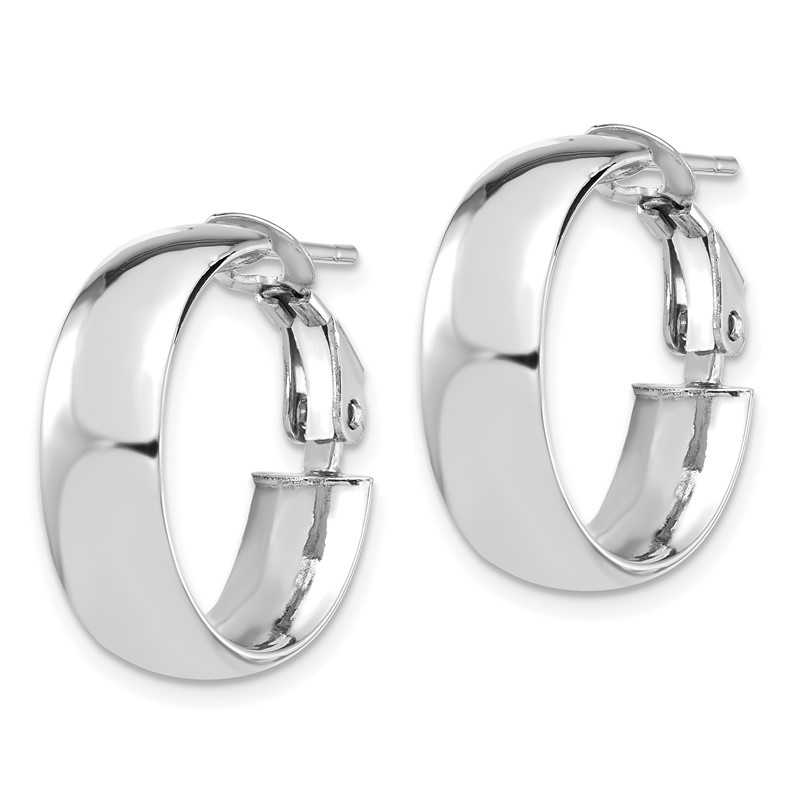 14K with White Rhodium Plating High Polished 6mm Omega Back Hoop Earrings