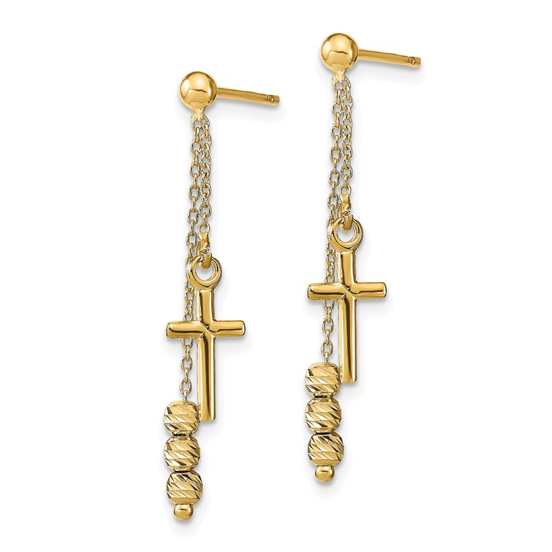 14K Polished D/C Cross Beaded Post Dangle Earrings