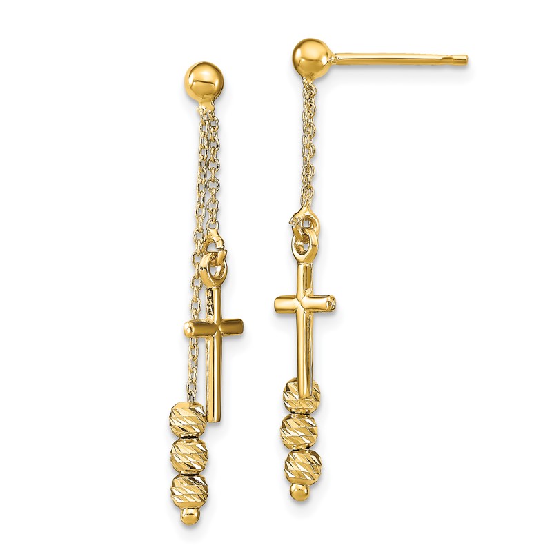 14K Polished D/C Cross Beaded Post Dangle Earrings