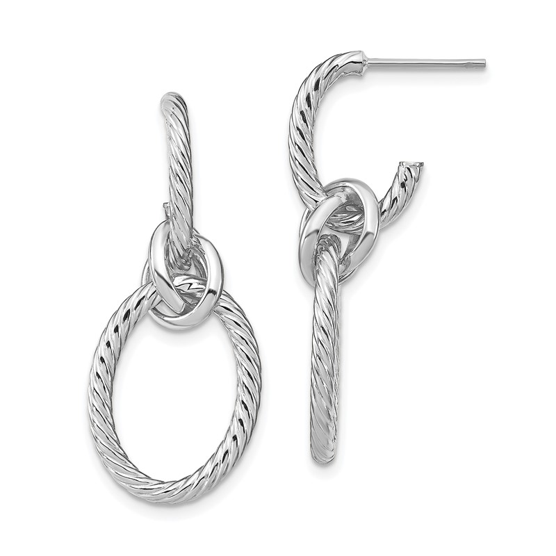 14K w/ White Rhodium Plated Polished Textured Post Dangle Earrings