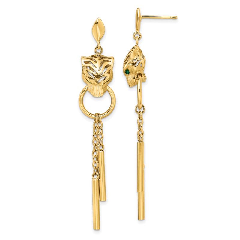 14k Polished Green Enamel Tiger Post Dangle Earrings