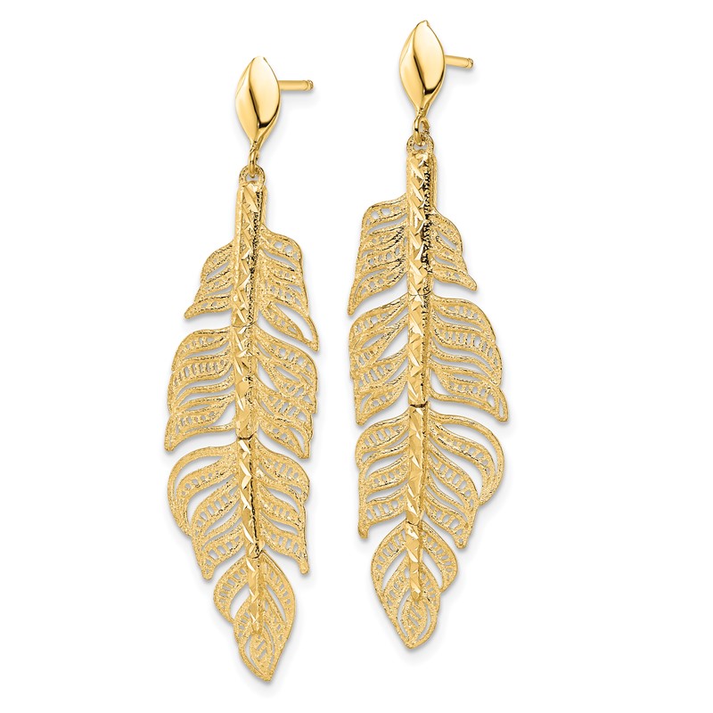 14k Polished D/C Textured Leaf Post Dangle Earrings