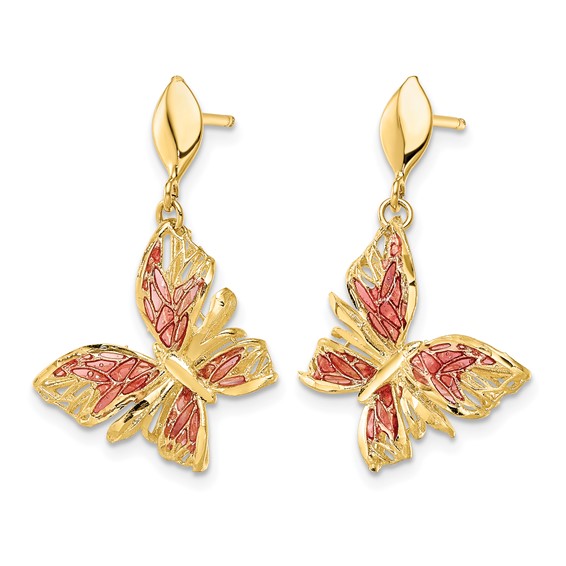 Leslie's 14k Polished D/C Pink Enamel Butterfly Post Dangle Earrings