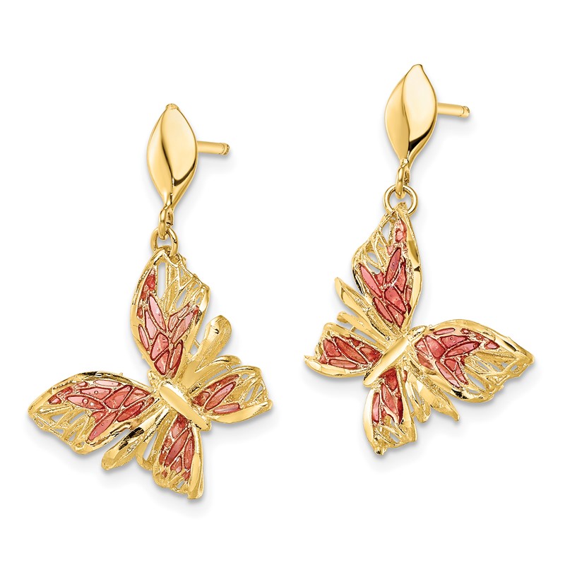 14k Polished D/C Pink Enamel Butterfly Post Dangle Earrings