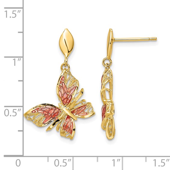 Leslie's 14k Polished D/C Pink Enamel Butterfly Post Dangle Earrings