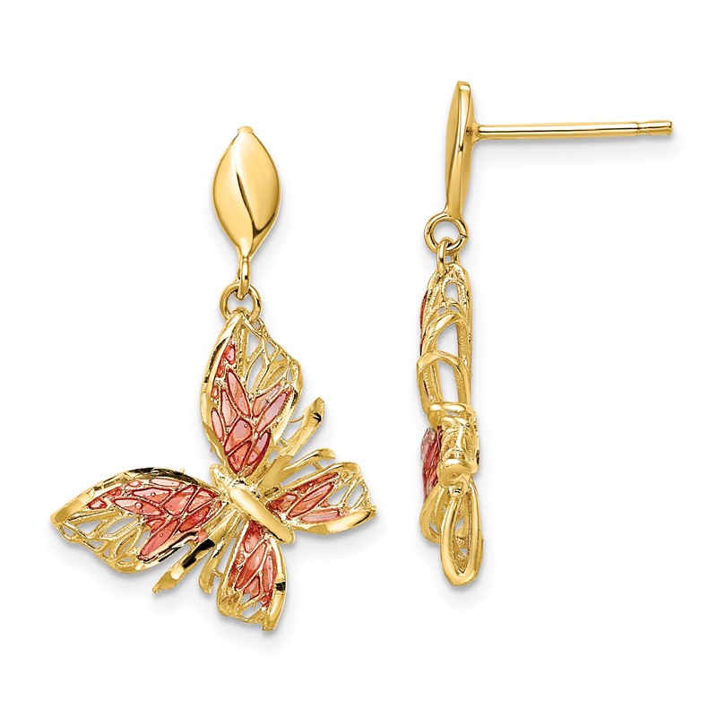 14k Polished D/C Pink Enamel Butterfly Post Dangle Earrings