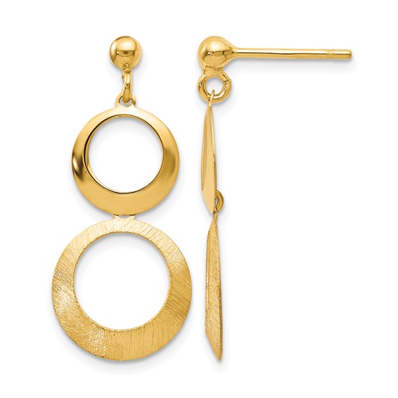 Leslie's 14K Polished and Scratch Finish Circle Post Dangle Earrings