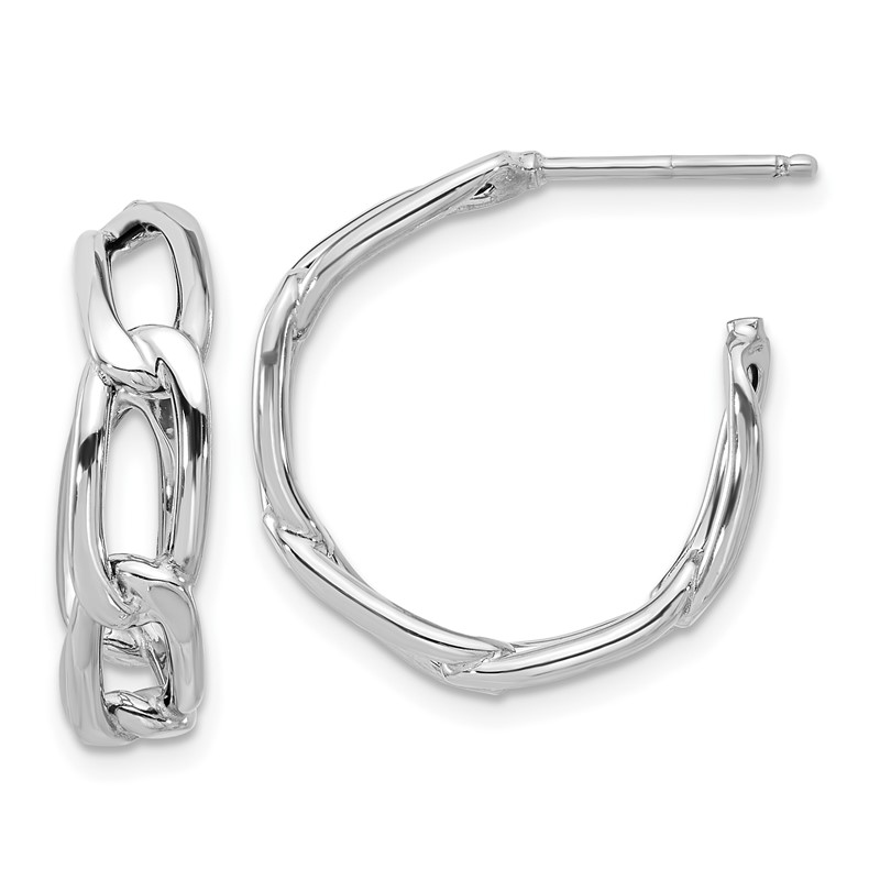 14K w/Wht RH-plating Polished Link Post Hoop Earrings