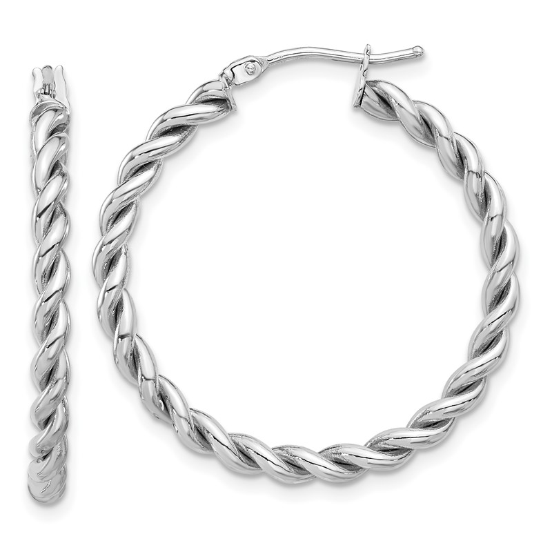 14K w/White RH-plating Polished Twist Hoop Earrings