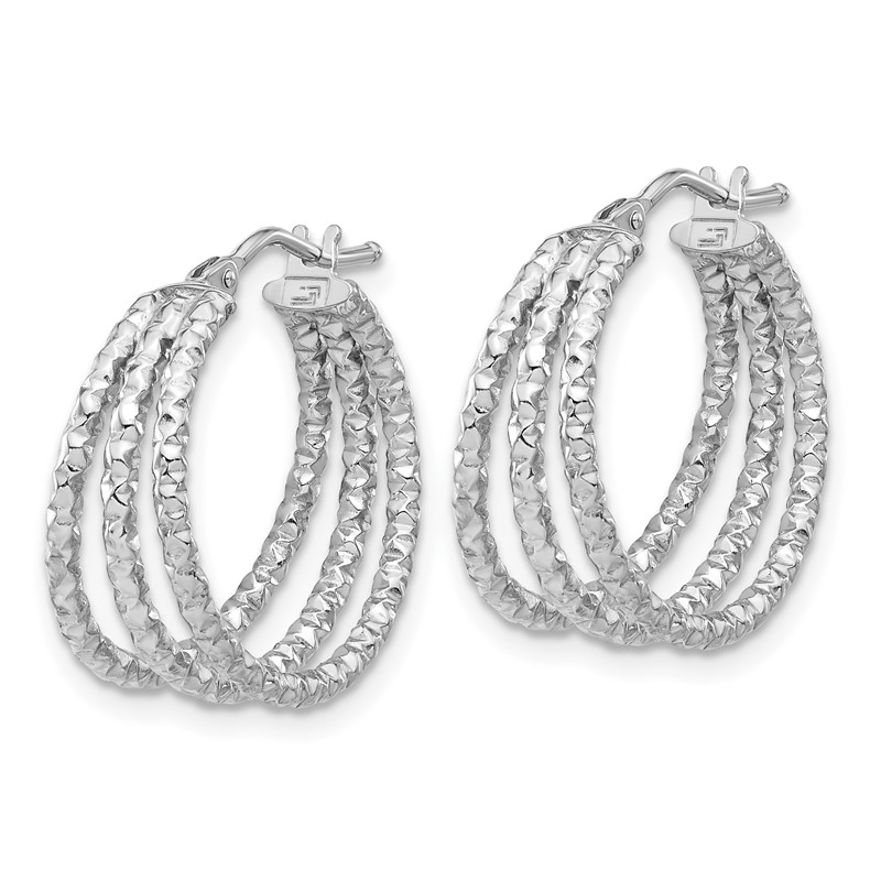 14K w/Wht RH-plat Polish/Texture Three Row Hoop Earrings