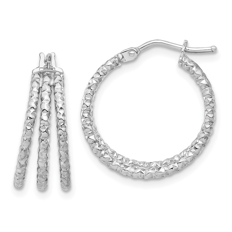 14K w/Wht RH-plat Polish/Texture Three Row Hoop Earrings