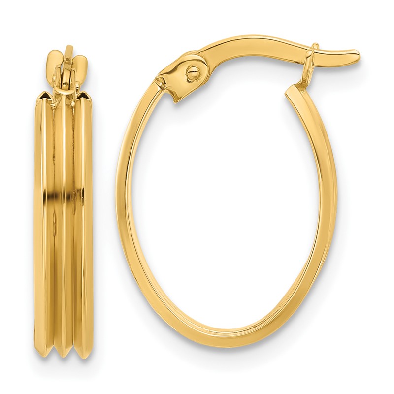 14K Polished and Grooved Oval Hoop Earrings