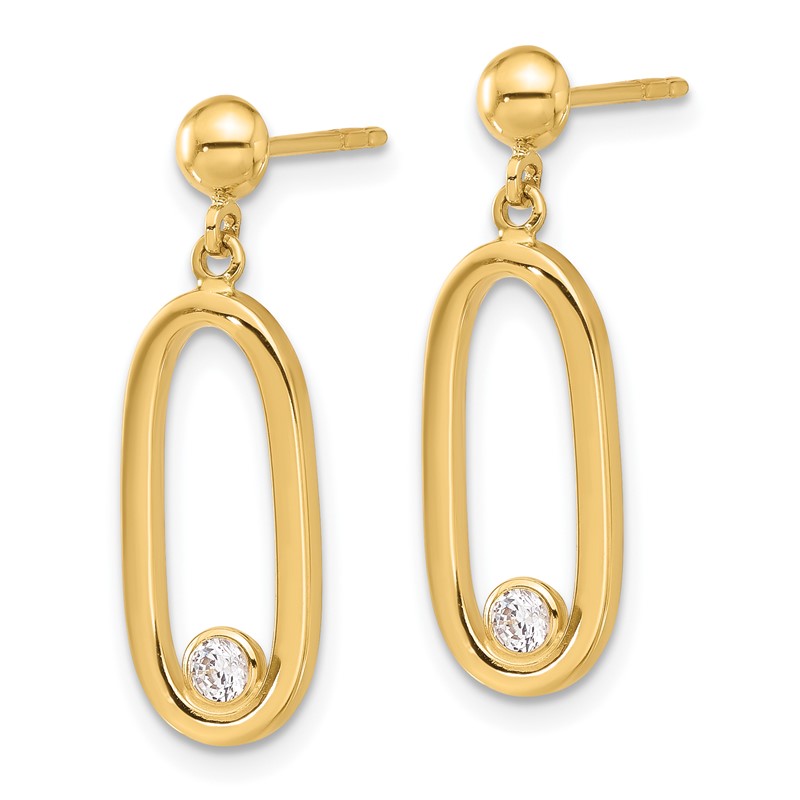 14K Polished CZ Oval Dangle Post Earrings