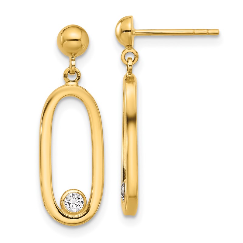 14K Polished CZ Oval Dangle Post Earrings