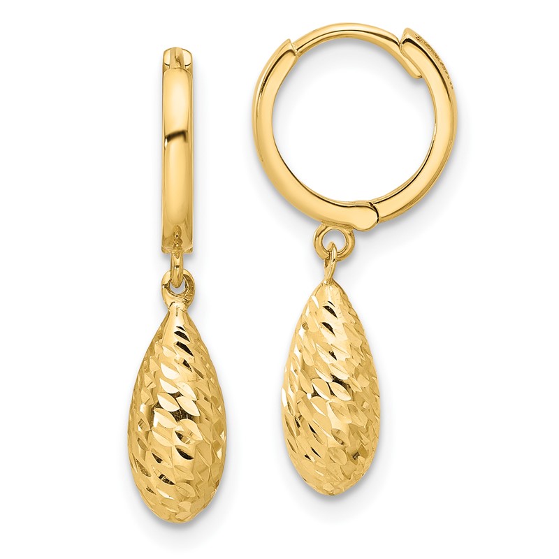 14K Polished and Diamond-cut Dangle Hoop Earrings