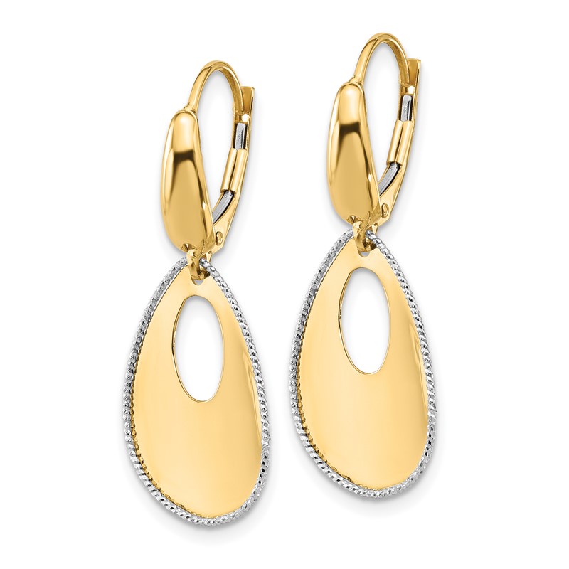 14K Two-tone Polished/Dia-cut Teardrop Dangle Leverback Earrings