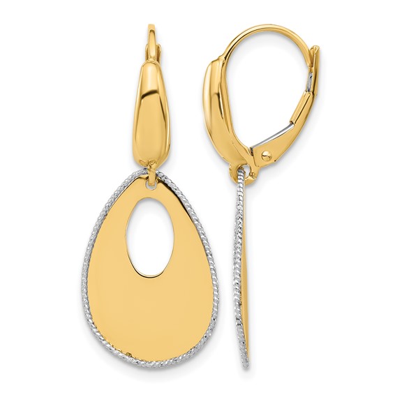 Leslie's 14K Two-tone Polished/Dia-cut Teardrop Dangle Leverback Earrings