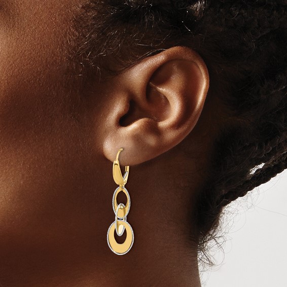 Leslie's 14K Two-tone Polished and Dia-cut Ovals Dangle Leverback Earrings