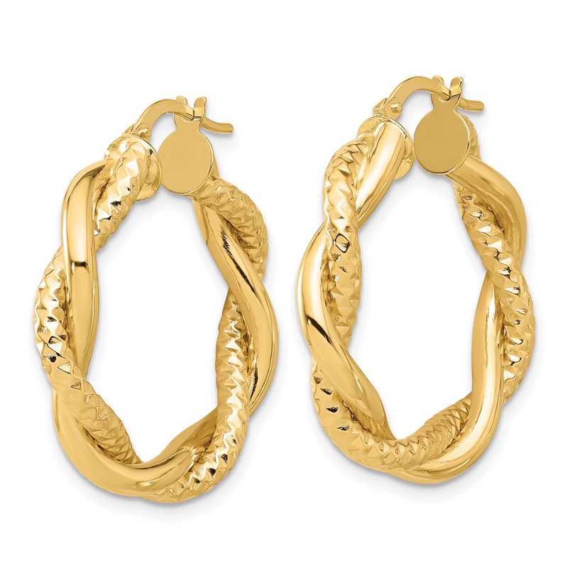 14K Polished and Textured Twisted Round Hoop Earrings