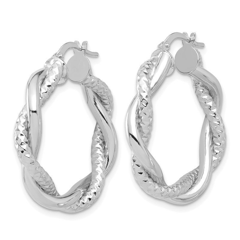 14K White Gold Polished and Textured Twisted Round Hoop Earrings