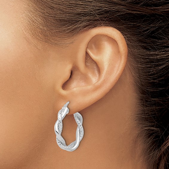 Leslie's 14K White Gold Polished and Textured Twisted Round Hoop Earrings
