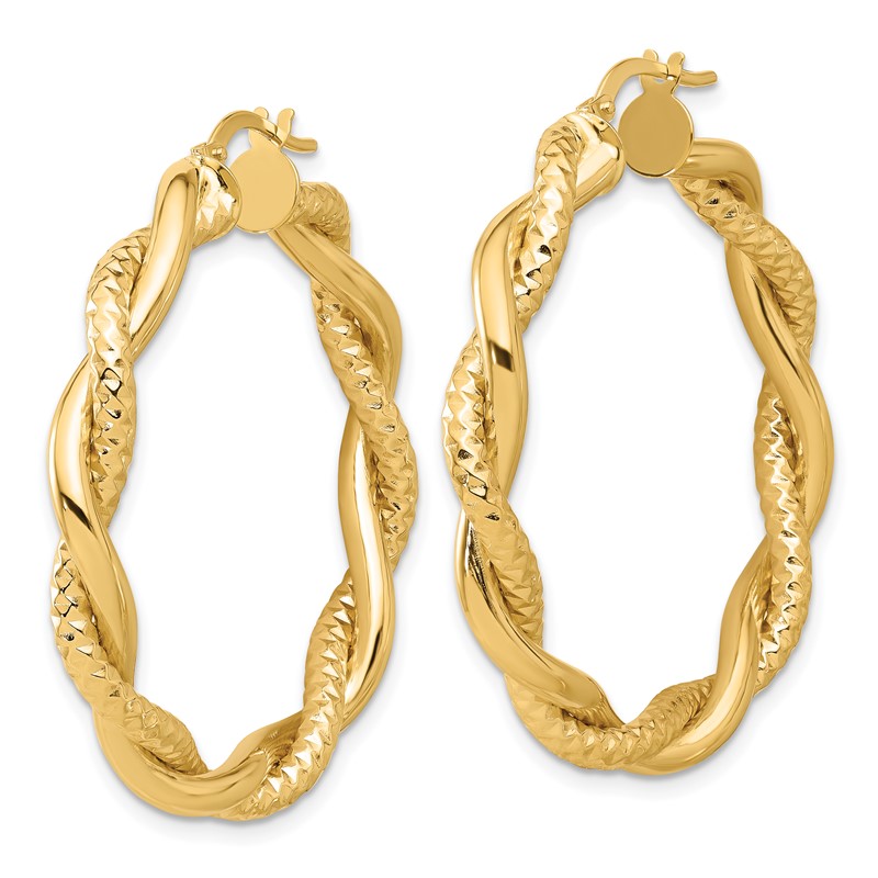 14K Polished and Textured Twisted Round Hoop Earrings