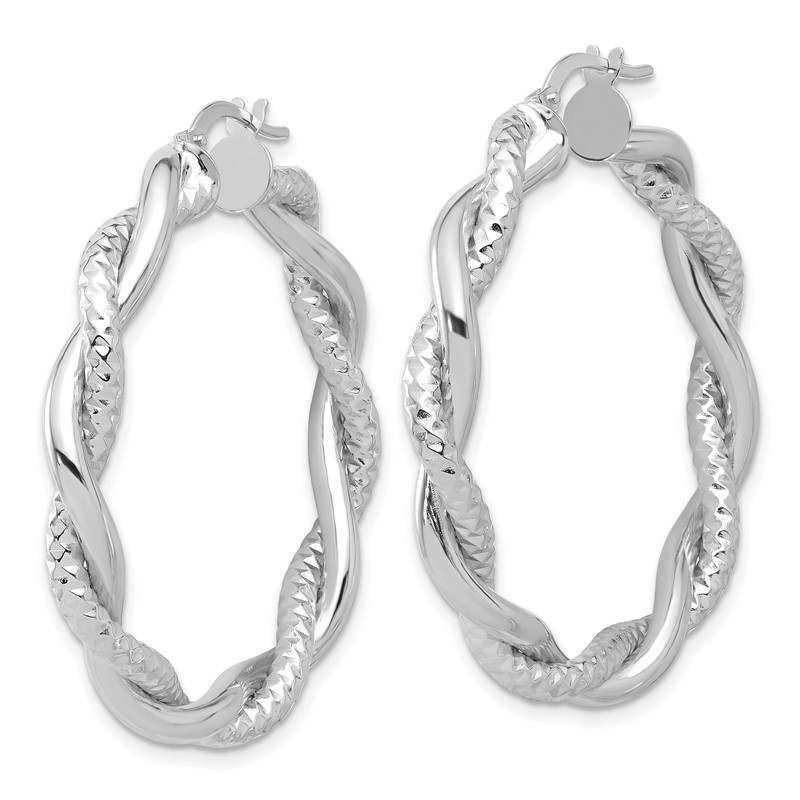 14K White Gold Polished and Textured Twisted Round Hoop Earrings