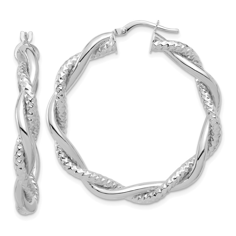 14K White Gold Polished and Textured Twisted Round Hoop Earrings