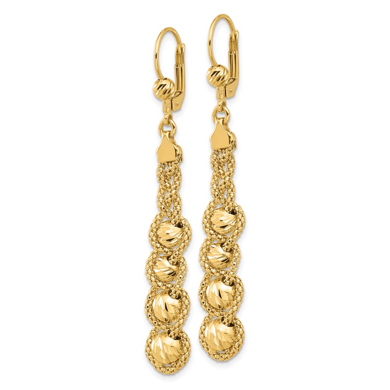 14K Polished Textured and Dia-cut Beaded Leverback Earrings