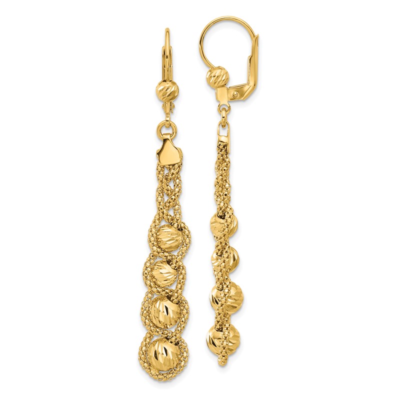 14K Polished Textured and Dia-cut Beaded Leverback Earrings