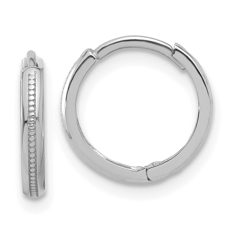 14K White Gold Polished and Textured Huggie Hoop Earrings