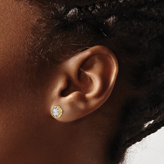 Leslie's 14K Two-tone Polished and Diamond-cut Flower Post Earrings