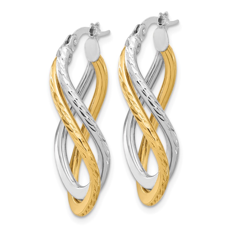 14K with Rhodium Polished and Diamond-cut Twist Hoop Earrings