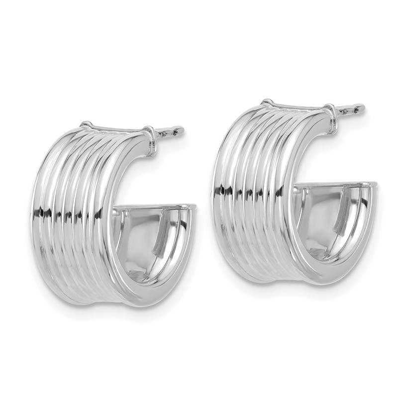 14K w/ White RH Plating Polished and Grooved J-Hoop Post Earrings
