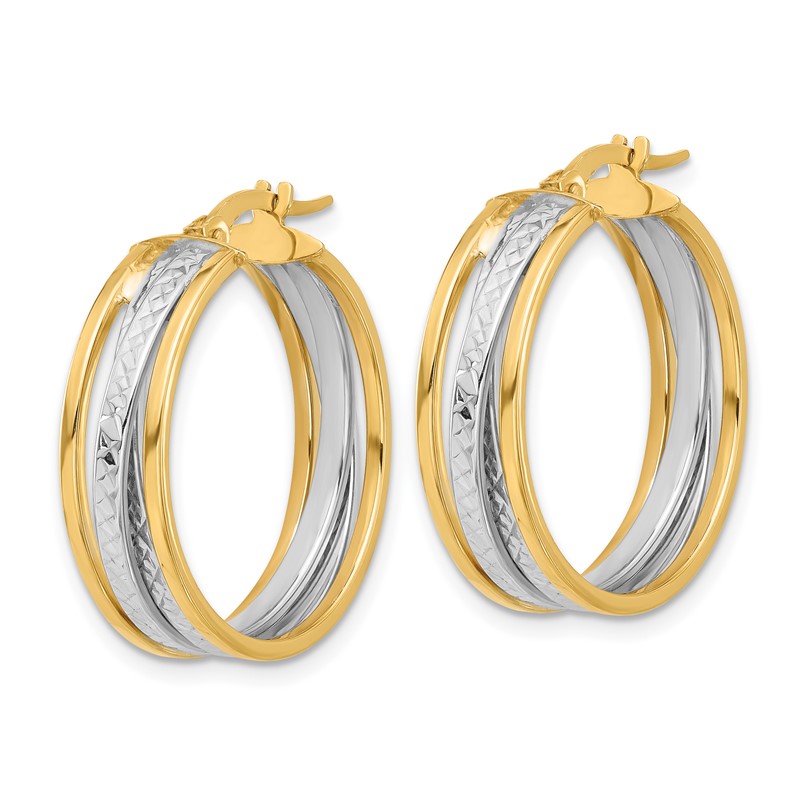 14K with Rhodium Polished and Diamond-cut Hoop Earrings