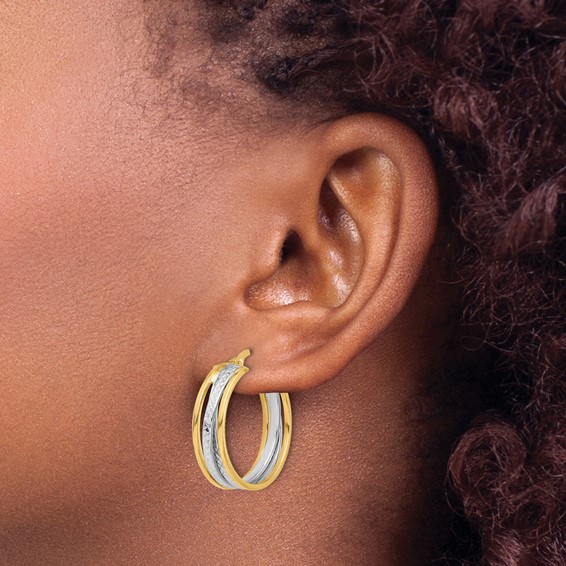 Leslie's 14K with Rhodium Polished and Diamond-cut Hoop Earrings