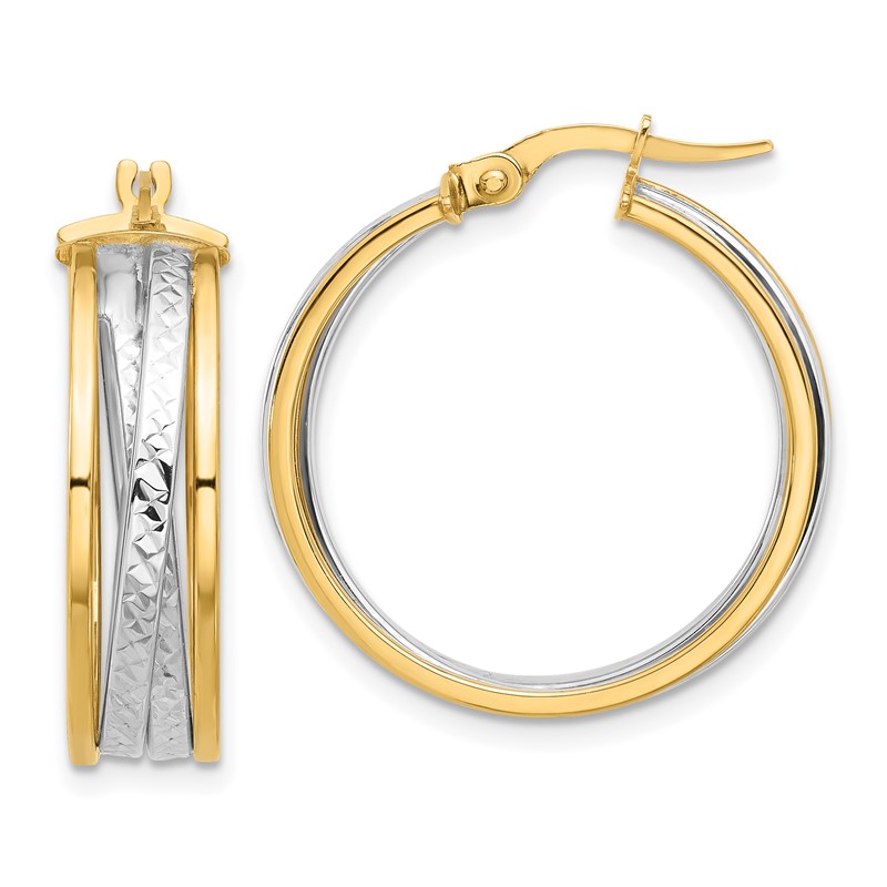 14K with Rhodium Polished and Diamond-cut Hoop Earrings