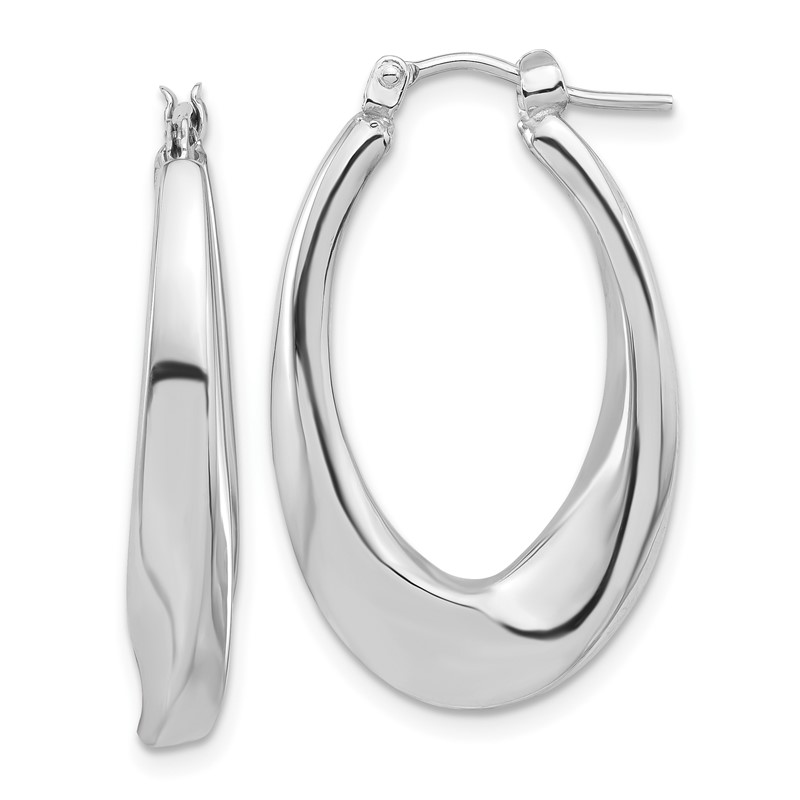 14K White Gold Polished Hollow Oval Twist Hoop Earrings