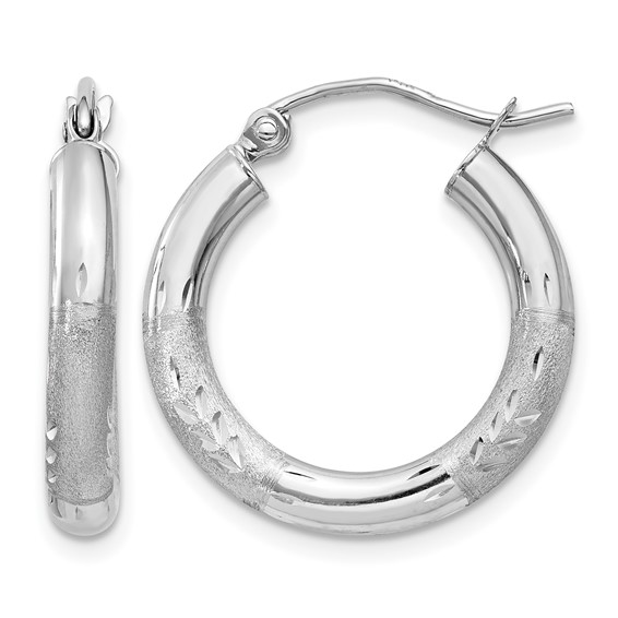 Leslie's 14k White Gold Satin and D/C 3mm Round Hoop Earrings