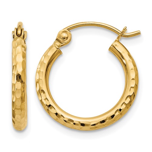 14k Diamond-cut 2mm Round Tube Hoop Earrings