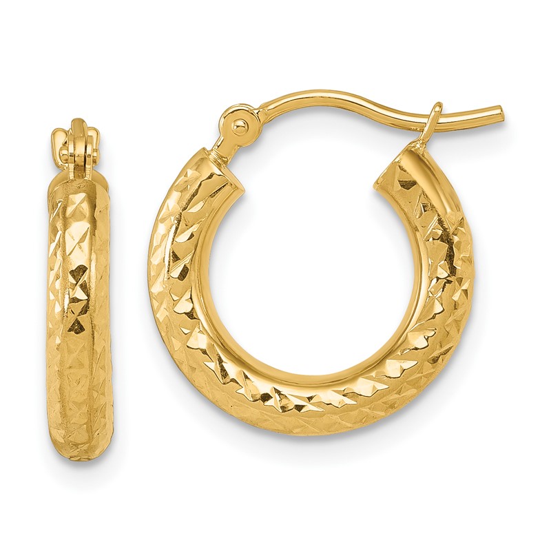 14k Diamond-cut 3mm Round Hoop Earrings