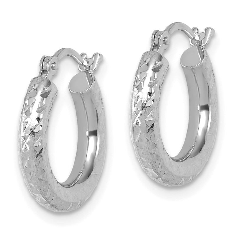 14k White Gold Diamond-cut 3mm Round Hoop Earrings