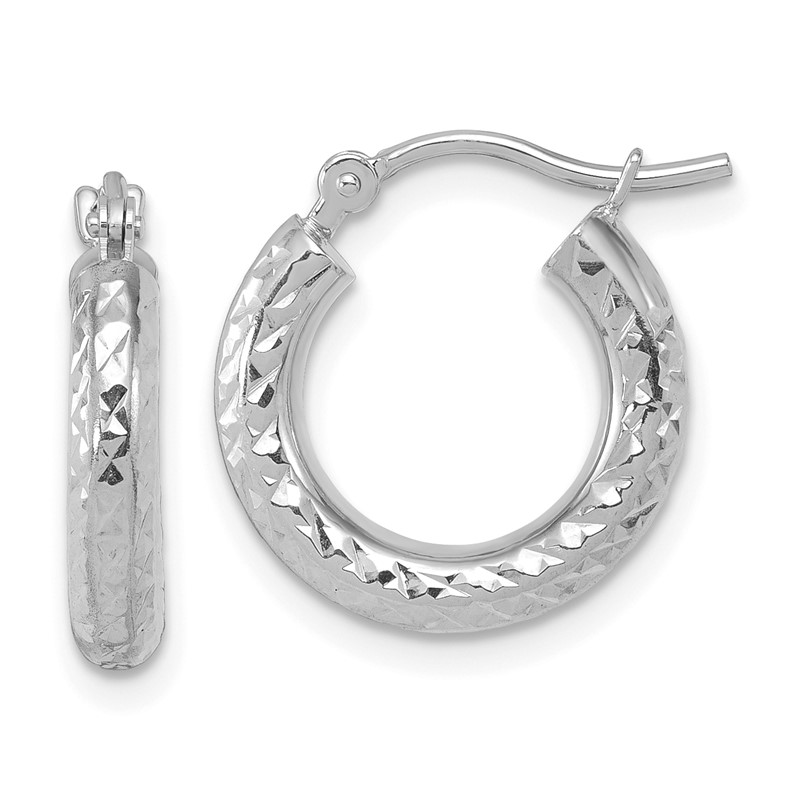 14k White Gold Diamond-cut 3mm Round Hoop Earrings