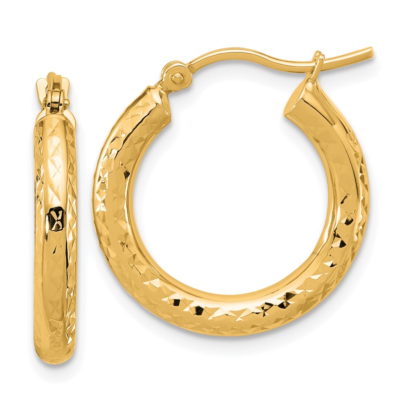 14k Diamond-cut 3mm Round Hoop Earrings