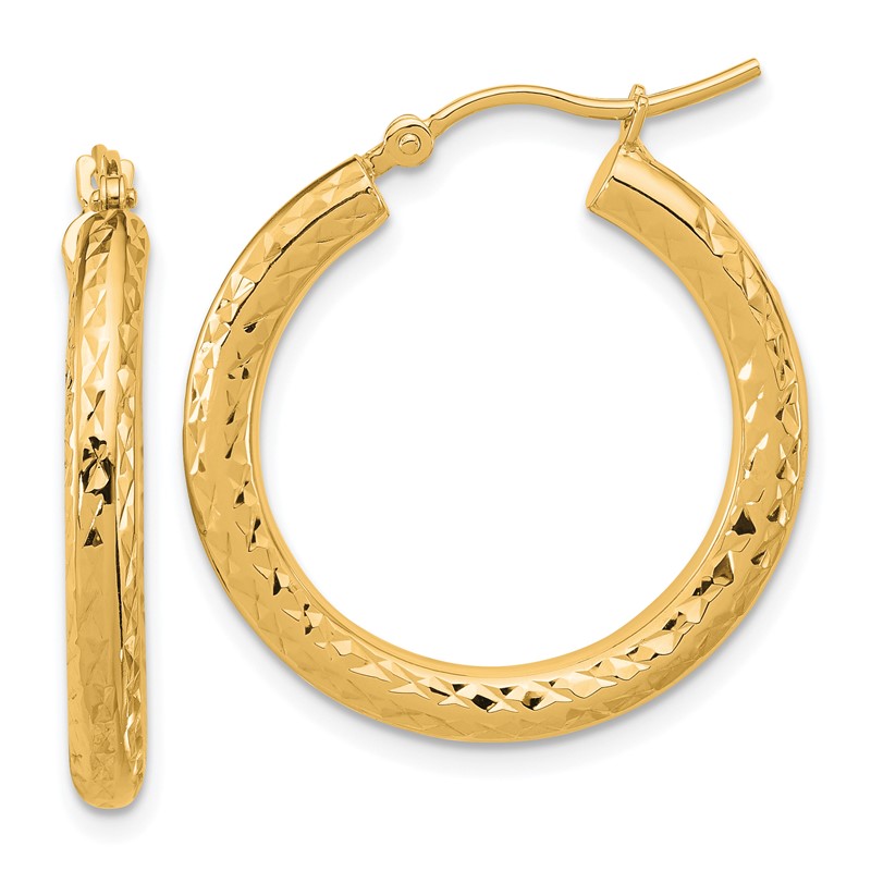 14k Diamond-cut 3mm Round Hoop Earrings