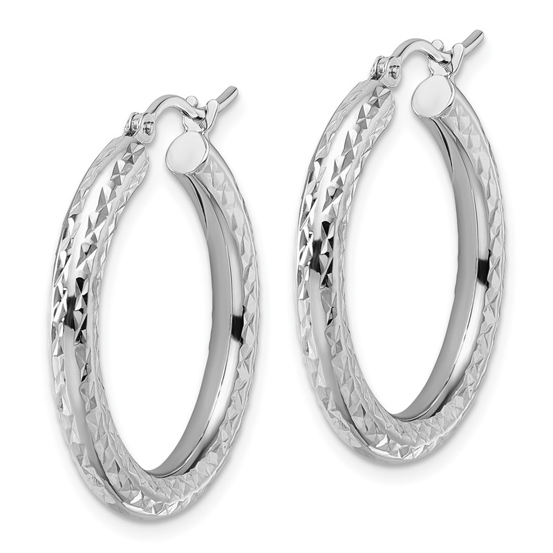 14k White Gold Diamond-cut 3mm Round Hoop Earrings